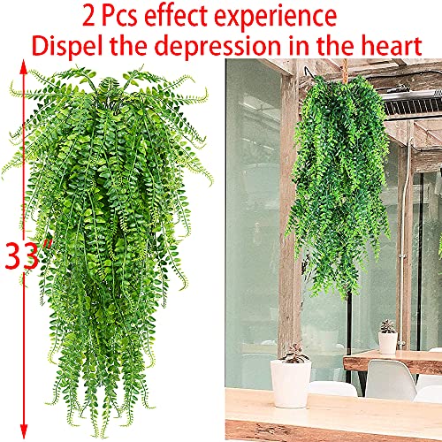 CLONG 2 pcs Artificial Hanging Ferns Plants Vine Fake Ivy Boston Fern Hanging Plant Outdoor UV Resistant Plastic Plants (2, Green)