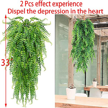 CLONG 2 pcs Artificial Hanging Ferns Plants Vine Fake Ivy Boston Fern Hanging Plant Outdoor UV Resistant Plastic Plants (2, Green)