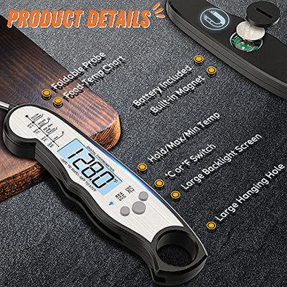 Digital Meat Thermometer, Waterproof Instant Read Food Thermometer for Cooking and Grilling, Kitchen Gadgets, Accessories with Backlight & Calibration for Candy, BBQ Grill, Liquids, Beef, Turkey… - color: Black - Sliver