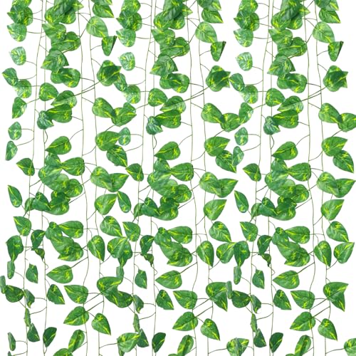12 Pack Artificial Ivy Garland, 84 Ft Fake Vines Hanging Plants for Room Decor, 72 Leaves Aesthetic Faux Greenery Garland Pothos Leaf with Strengthened Joint Prevent Leaves Falling Off for Wall Decor - color: 84ft-12pack-pothos Leaf