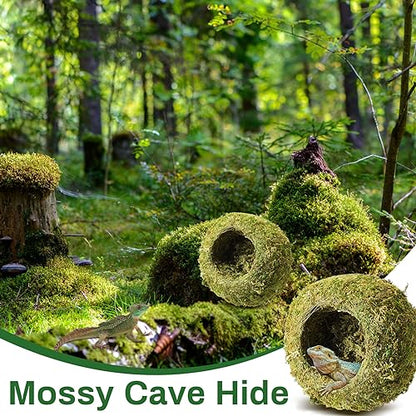 Tinideya 4 Pcs Mossy Cave Hide Artificial Green Reptile Mossy Hideout 4 Inch Humidity Crested Gecko Tank Decor for Pet Reptile Frogs Snakes Turtle Spider Lizard Chameleon, Terrarium Vivarium Decor