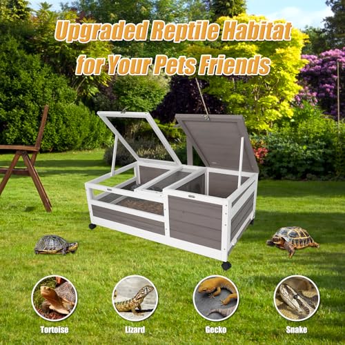 Ketive Tortoise Habitat Large Wooden Tortoise House Indoor & Outdoor, Reptile Cage for Small Animals-Leakproof Tray (Grey, 23" D x 38.98" W x 14.5" H) - size: 23"D x 38.98"W x 14.5"H