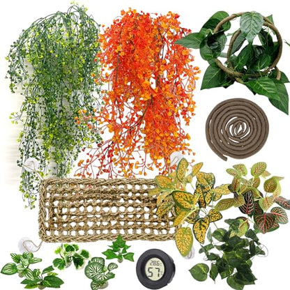 Tfwadmx 15Pcs Bearded Dragon Tank Accessories, Reptile Plants, Reptile Hammock, Lizard Habitat Decor with Terrarium Plants Hygrometer for Geckos Snakes Chameleons