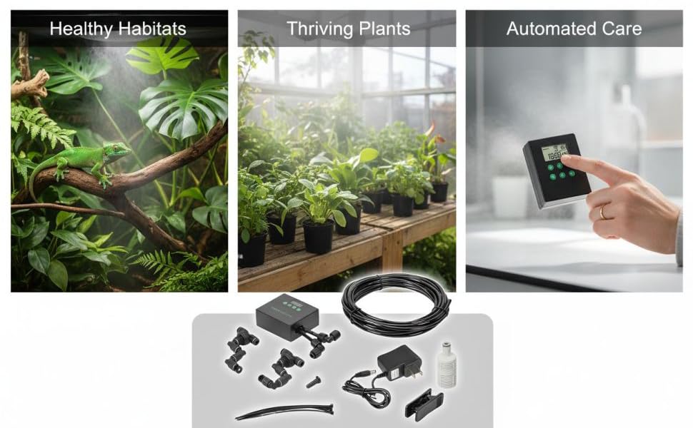 Reptile Misting System, Programmable Humidifier with US Plug, Automatic Mister, 360° Adjustable Dual Nozzles, Smart Timer, Self-Priming, Rainforest Spray Kit for Plant Terrariums