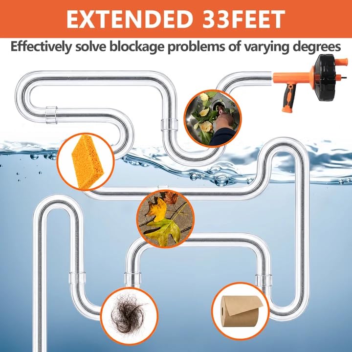 Drain Snake 8Set-33Ft Drain Clog Remover,34inch Heavy Duty Plumbing Snake,20inch Hair Clog Remover,18inch Cleaning Brush,Goggles and Gloves for Bathtub,Toilet,Sewer,Kitchen Sink,Drainage Pipe - style: 10SET Heavy Duty
