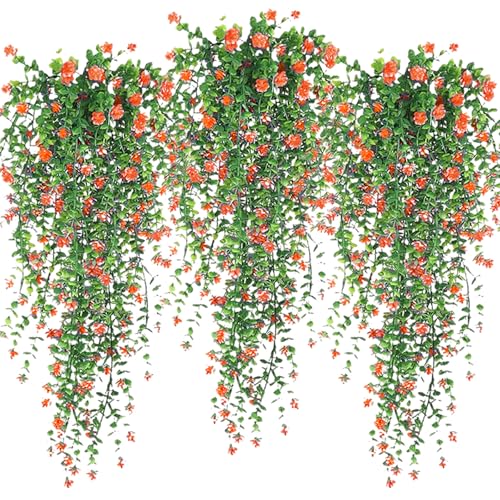 Artificial Hanging Flowers, 3 Pcs Fake Hanging Plants Decor, Artificial Vines for Outdoors, UV Resistant No Fade Artificial Plants Suitable for Indoor Decoration Outdoor Porch Courtyard (Orange) - color: Orange