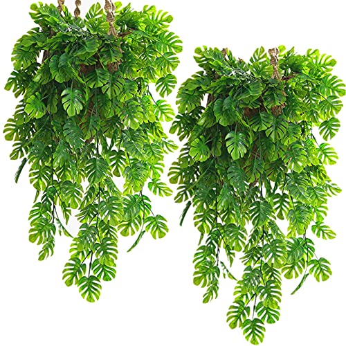 CATTREE Monstera Leaves Artificial Hanging Vines 4 Pack, Fake Ivy Tropical Leafs Green Leaf Plants Greenery Faux Vine Ivy Rattan Ferns for Wedding Garden Home Hawaiian Part Outdoor Décor - color: Monstera Hanging Vine/ 4 Pcs