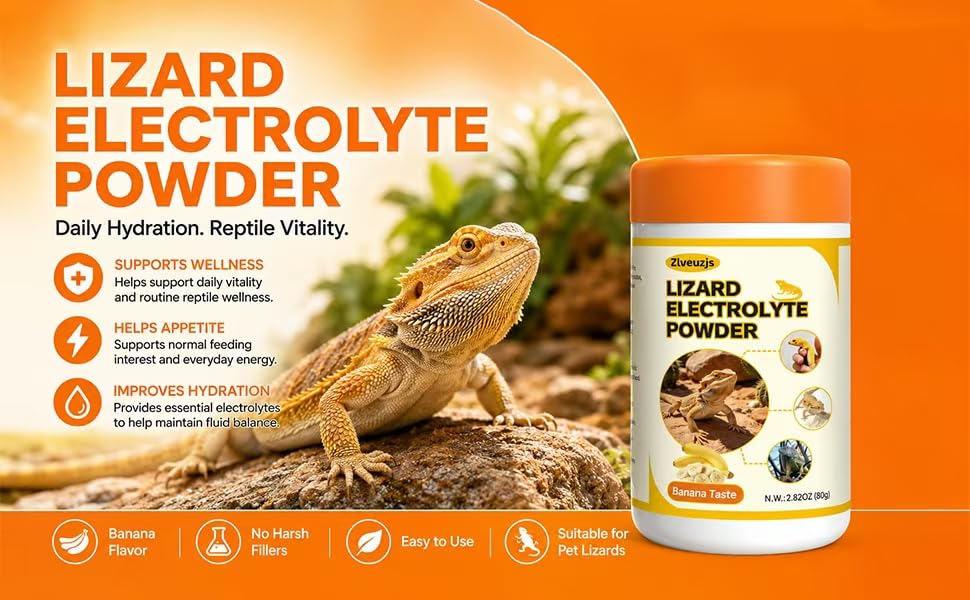 Lizard Electrolyte Powder – 2.82 oz (80 g) – Relieves Dehydration in Bearded Dragons and Geckos – Can be Administered orally or Added to Water (Banana Flavor)