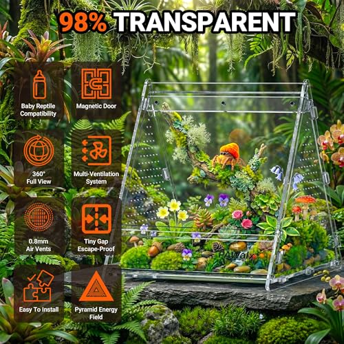 Triangular Jumping Spider Enclosure, Acrylic Terrarium with Magnetic Doors, 0.8mm Micro-Ventilation& Escape-Proof Design for Tarantulas, Lizards, Small Pets, 6.5"x7.3"x7" - size: 1pack, 6.5"x7.3"x7"
