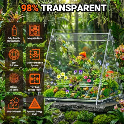 Triangular Jumping Spider Enclosure, Acrylic Terrarium with Magnetic Doors, 0.8mm Micro-Ventilation& Escape-Proof Design for Tarantulas, Lizards, Small Pets, 6.5"x7.3"x7" - size: 1pack, 6.5"x7.3"x7"