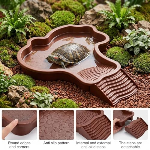 Large Turtle Water Bowl, Reptile Bathing Pool Tortoise Water Dish Bearded Dragon Water Fountain Non-Slip Reptile Food Dish for Tortoise Gecko Lizard Snake Terrarium Habitat, Plastic, Red - color: Red