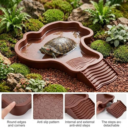Large Turtle Water Bowl, Reptile Bathing Pool Tortoise Water Dish Bearded Dragon Water Fountain Non-Slip Reptile Food Dish for Tortoise Gecko Lizard Snake Terrarium Habitat, Plastic, Red - color: Red