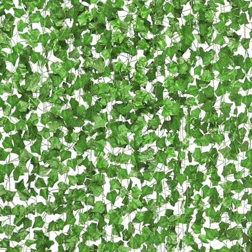 CQURE 14 Pack 98Ft Artificial Ivy Garland,Ivy Garland Fake Vines UV Resistant Green Leaves Fake Plants Hanging Vines for Home Kitchen Wedding Party Garden Wall Room Decor