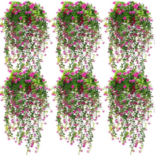 Hotop 6 Pcs Ferns Artificial Hanging Plants Vine Hanging Fake Plants Faux Ferns Indoor Outdoor Ivy Wall Decor Greenery Vine with Flower for Room Wedding Fall Decoration(Fuchsia) - color: Fuchsia, Green