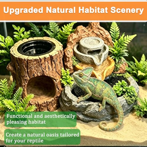 PurifyLogix 3 in 1 Reptile Water Fountain with Food Dish & Hideout, 550ML Reptile Waterfall Drinking Fountain, Reptile Water Dispenser for Bearded Dragon, Gecko, Lizard, Chameleon, Natural Resin