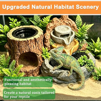 PurifyLogix 3 in 1 Reptile Water Fountain with Food Dish & Hideout, 550ML Reptile Waterfall Drinking Fountain, Reptile Water Dispenser for Bearded Dragon, Gecko, Lizard, Chameleon, Natural Resin