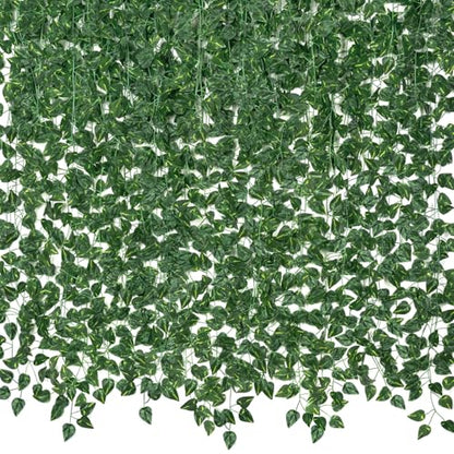 CQURE 16 Pack 105Ft Artificial Ivy Fake Vines,Ivy Garland Greenery Garland Fake Hanging Plants Vines Green Leaves for Bedroom Wedding Garden Wall Room Decor - size: 112 Ft
