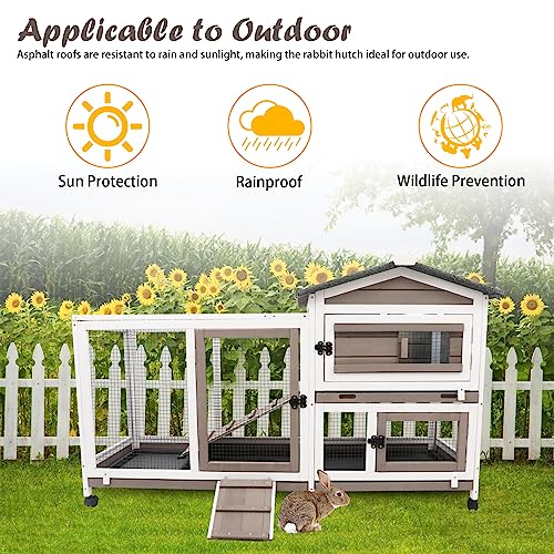 Gowoodhut Rabbit Hutch Indoor Outdoor 2 Story Bunny Cage with 3 No Leak Trays,55.31" L Guinea Pig Cages Rabbit Cage with 6 Wheels for Guinea Pig,Rabbit for Rabbit Lover|Pet Lover(White/Grey) - size: 55.3"L x 21.7"W x 34.7"H