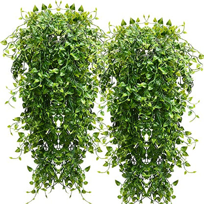 CLONG 2pcs Artificial Hanging Plants 32-in Fake Hanging Plant Fake Ivy Vine Outdoor UV Resistant Plastic Plants (Ivy) - color: Ivy