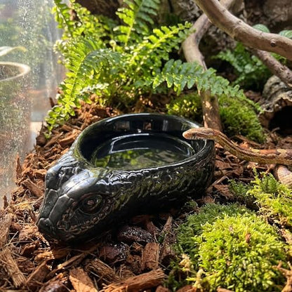 Resin Reptile Water Dish for Gecko, Snake, Tortoise & Lizards（Black） | Heavy Stable Base • Natural Rock Design • Water & Food Use • Easy to Clean - color: black