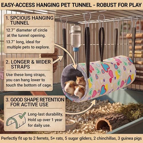 petonfun 2 Pack Ferret Rat Hammock for Cage,Large Sugar Glider Pouch Guinea Pig Bed,Pet Toys and Accessories Set for Play,Hanging Small Animal Tubes & Tunnels for Chinchilla Squirrel Hide, Grey Heart
