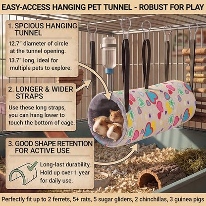 petonfun 2 Pack Ferret Rat Hammock for Cage,Large Sugar Glider Pouch Guinea Pig Bed,Pet Toys and Accessories Set for Play,Hanging Small Animal Tubes & Tunnels for Chinchilla Squirrel Hide, Grey Heart