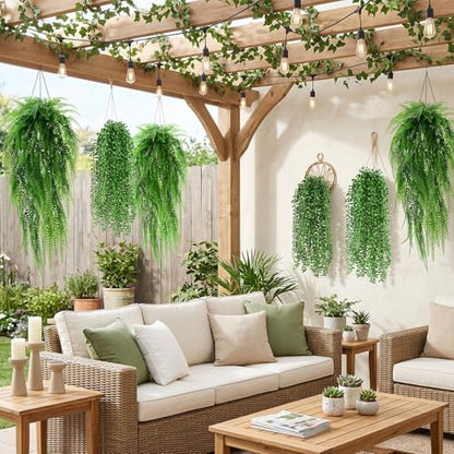 Daifunli 12 Pcs Artificial Hanging Plants Fake Hanging Ferns Plastic Fake Plant for Wall Room Garden Garland Indoor Outdoor Decor No Basket (Boston Ferns,String of Pearls) - style: Boston Ferns, String of Pearls