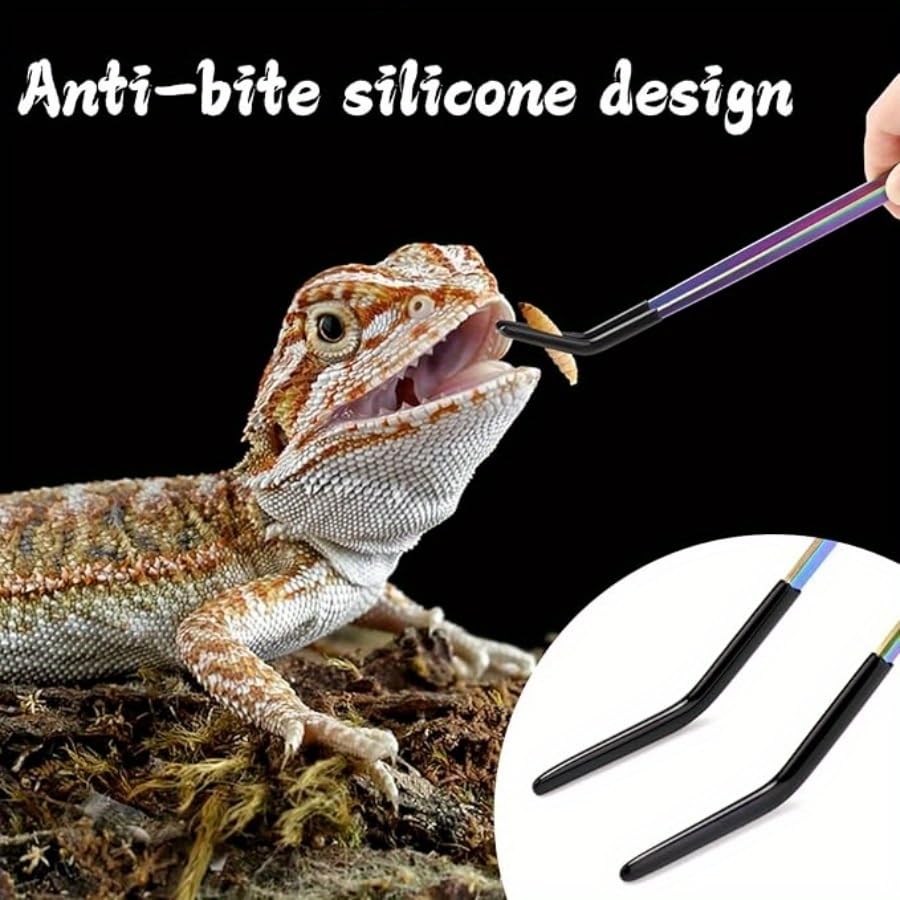 2PCS Reptile Feeding Tongs with Rubber Tips, Straight & Curved Tweezers, Safe Aquarium Lizard Snake Turtle Feeding Tool