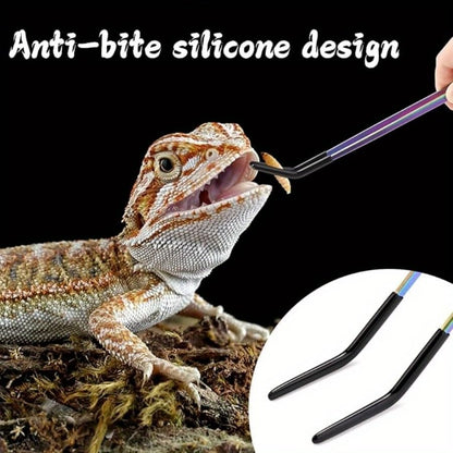 2PCS Reptile Feeding Tongs with Rubber Tips, Straight & Curved Tweezers, Safe Aquarium Lizard Snake Turtle Feeding Tool