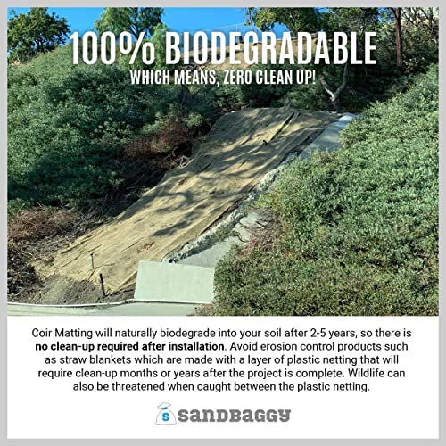 Sandbaggy Coir Mat | Erosion Control Product for Stopping Soil Erosion on Hillsides, Riverbanks & Oceanfront | Lasts 5X Longer Than Straw Blanket | Lasts 2-5 Yrs (Homeowner Size - 4 ft by 30 ft Roll) - size: 4 ft by 30 ft Roll Size or 120 sq ft