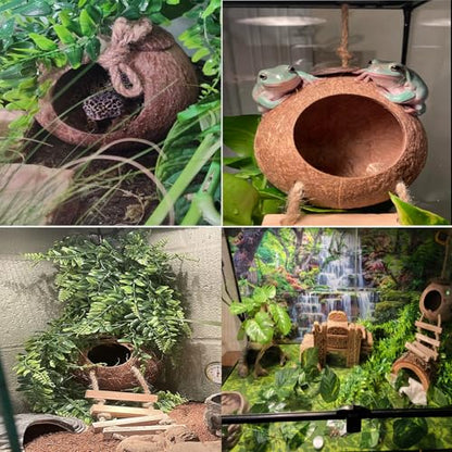 kathson Leopard Gecko Coconut Husk Hut Reptile Habitat Accessories Hideout Hole Climbing Ladder Bendable Hanging Plants Sleeping Hiding Breeding Apply to Amphibians and Small Animals