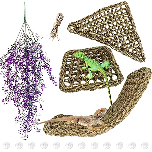 Natural Seagrass Reptile Hammock,Bearded Dragon Bed Lounger Large Flexible Purple Jungle Climbing Hanging Vine Reptile Tank Decor for Lizard,Gecko,Chameleon,Snake