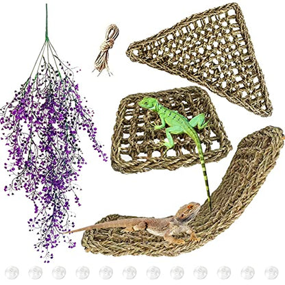 Natural Seagrass Reptile Hammock,Bearded Dragon Bed Lounger Large Flexible Purple Jungle Climbing Hanging Vine Reptile Tank Decor for Lizard,Gecko,Chameleon,Snake