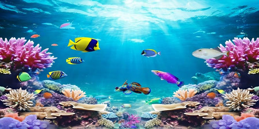 YongFoto Fish Tank Background 36x14 inch Aquarium Background Coral Seaweed Reef Rock Tropical Fish Underwater Sea World Backdrop Reptile Terrarium Background Bearded Dragon Habitat Background - color: Blue-3, size: 36x14in/90x36cm