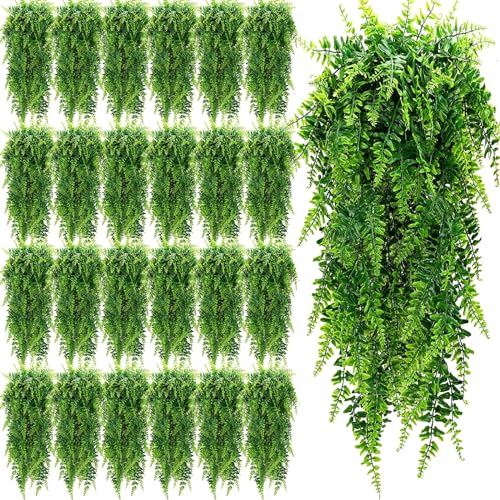 XunYee 28 Pcs Artificial Hanging Plants 32 Inch Plastic Fern Vine Fake Greenery Plant Faux Eucalyptus Vine for Wall Room Wedding Indoor Outdoor Decor, No Baskets (Boston Fern) - style: Boston Fern