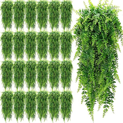 XunYee 28 Pcs Artificial Hanging Plants 32 Inch Plastic Fern Vine Fake Greenery Plant Faux Eucalyptus Vine for Wall Room Wedding Indoor Outdoor Decor, No Baskets (Boston Fern) - style: Boston Fern