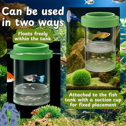 Betta Guppy Breeding Box for Fish Tank and Artificial Plants, Floating Guppy Breeding Box with Suction Cups, Acrylic Breeder Isolation Incubator for Aquarium Tank, Hatchery Breeder Chamber (Green, M)