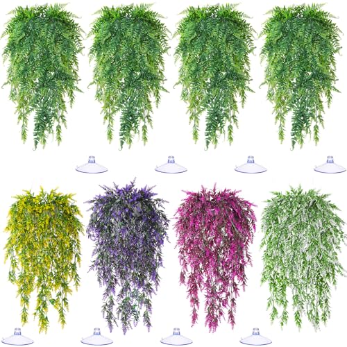 Suncalla 8 Pack Reptile Plants Terrarium Hanging Plant Vine Boston Climbing Terrarium Plant with Suction Cup for Bearded Dragons Lizard Crested Gecko Snake Crab Tank(Bright Series,5 Colors) - style: Bright Series