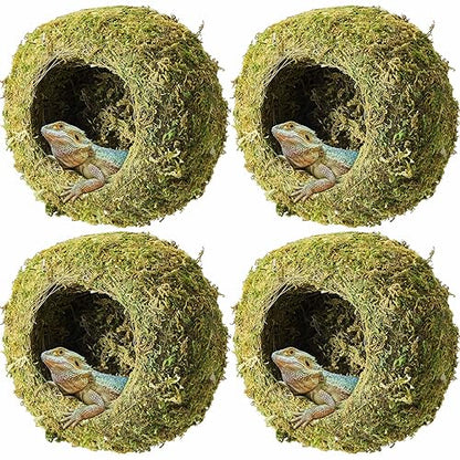 Tinideya 4 Pcs Mossy Cave Hide Artificial Green Reptile Mossy Hideout 4 Inch Humidity Crested Gecko Tank Decor for Pet Reptile Frogs Snakes Turtle Spider Lizard Chameleon, Terrarium Vivarium Decor