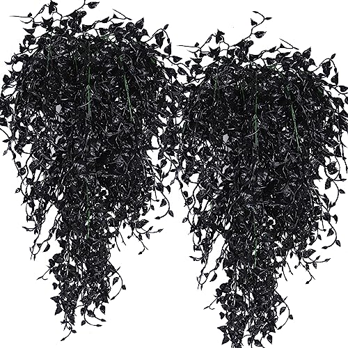 RECUTMS Black Artificial Hanging Plants 4PCS 33in Fake Wall Plant Faux Eucalyptus Leaves Ivy Swag UV Resistant Hang Plastic Greenery Indoor Outdoor Wedding Halloween Porch Garden Home Patio Decor - color: Black Ivy
