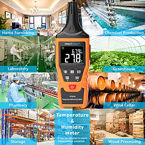 Protmex PT618 Temperature Humidity Meter, Thermometer Hygrometer Monitor with Ambient, Dew Point, Wet Bulb for Indoor/Outdoor MIN, MAX, Data Hold, LCD Backlight - size: PT618