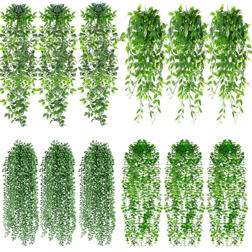 Daifunli 12 Pcs Artificial Hanging Plants Fake Hanging Ferns Plastic Faux Plants for Wall Room Garden Garland Indoor Outdoor Decor No Basket (Eucalyptus,Mandala,String of Pearls,Pea) - style: Eucalyptus, Mandala, String of Pearls, Pea