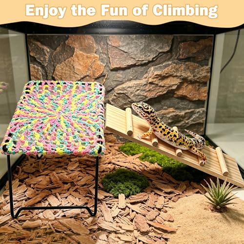 Bearded Dragon Hammock with Ladder, Foldable Reptile Bed with Metal Legs, Cotton-Woven Reptile Basking Platform, Lizard Climbing Accessories for Leopard Gecko, Snakes, Frogs, Hermit Crabs