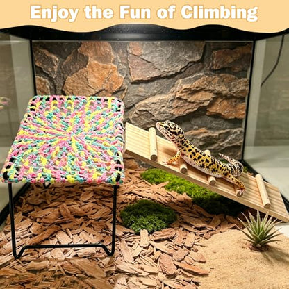 Bearded Dragon Hammock with Ladder, Foldable Reptile Bed with Metal Legs, Cotton-Woven Reptile Basking Platform, Lizard Climbing Accessories for Leopard Gecko, Snakes, Frogs, Hermit Crabs