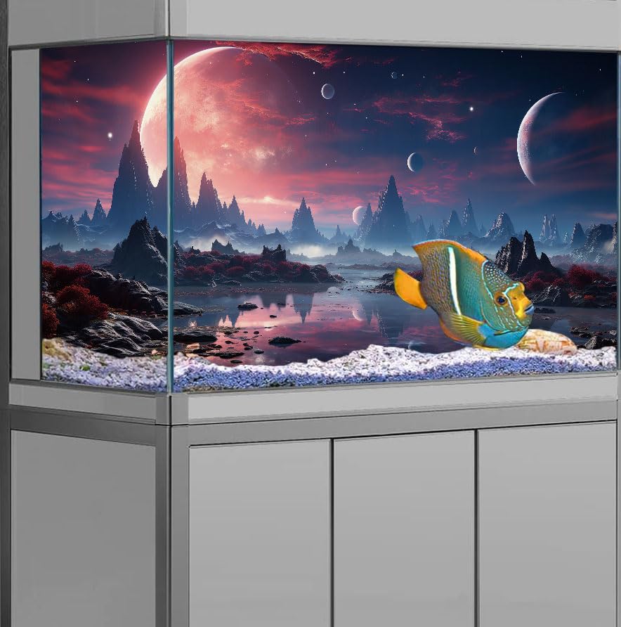 36X18IN Cosmic Spaceterrarium Background, Cool Parallel Space Themed Aquarium Reptile Habitat Background, Red Moon Aquarium Background with 10EVA Double-Sided Tape - color: space01, size: 36X18in/90X45cm