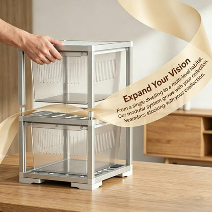2-Tier Stackable Reptile Terrarium, Pull-Out Sliding Drawer, 13.2 x 15.5 x 17.9 Inches Reptile Enclosure with Aluminum Frame, Transparent Breeding Tank for Snake, Lizard, Gecko, Small Pet