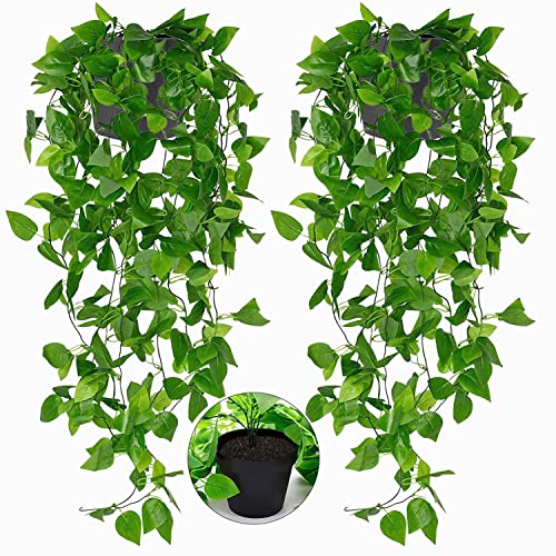 Toprooms 2 Pack Fake Hanging Plants with Pot,Artificial Hanging Plant Fake Plants Faux Ivy Vine Wall Hanging Plants Greenery Shelf Home Office Indoor Outdoor Decor (Green Faux Ivy Vine, 2 Potted) - color: Green Faux Ivy Vine, size: 2 Potted