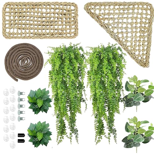 Woyrise 10Pcs Bearded Dragon Tank Accessories, Reptile Hammock Terrarium Plants Jungle Climbing Vines Habitat Decoration for Snakes Bearded Dragon Chameleon Gecko Lizard