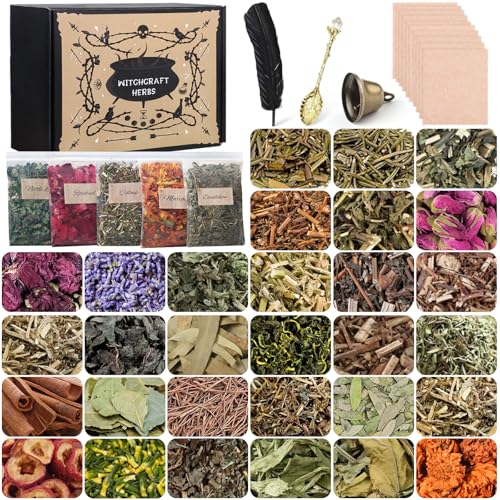 HNSHAG 30pcs Witchcraft Supplies Herbs Witch Stuff Spell Kit,Bulk Dried Herb Flowers for Wiccan Rituals,Pagan,Natural Healing Herbal with Spoon,Bell,Witch Gift Starter Set Altar Supplies Decor - size: 30pack