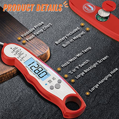Digital Meat Thermometer, Waterproof Instant Read Food Thermometer for Cooking and Grilling, Kitchen Gadgets, Accessories with Backlight & Calibration for Candy, BBQ Grill, Liquids, Beef, Turkey… - color: Red - Sliver